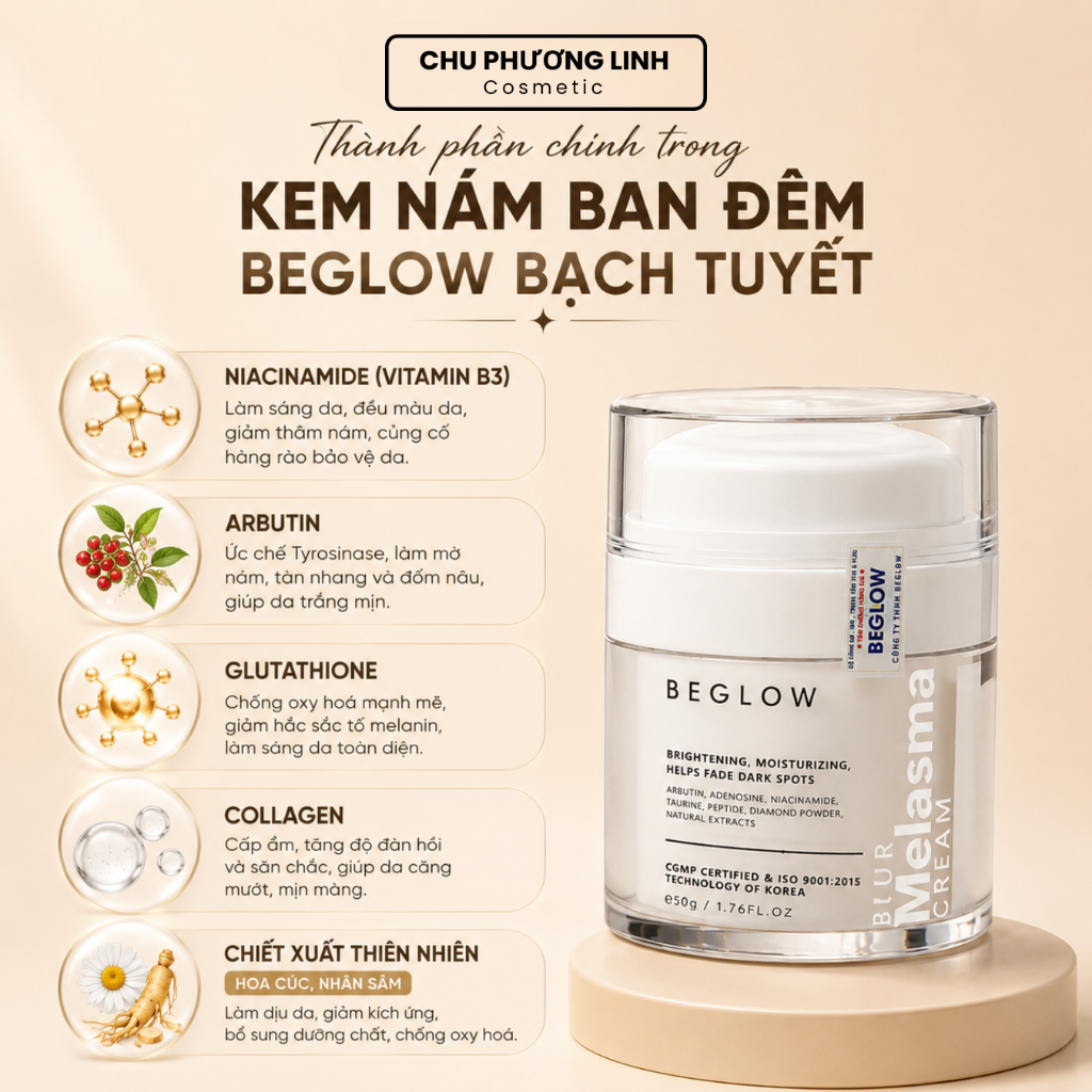 [Hũ 50g] Kem Nám Ban Đêm Beglow Bạch Tuyết MP0824 - Mờ Nám, Dưỡng Trắng Chuyên Sâu, Cấp Ẩm Da Hiệu Quả MP0824
