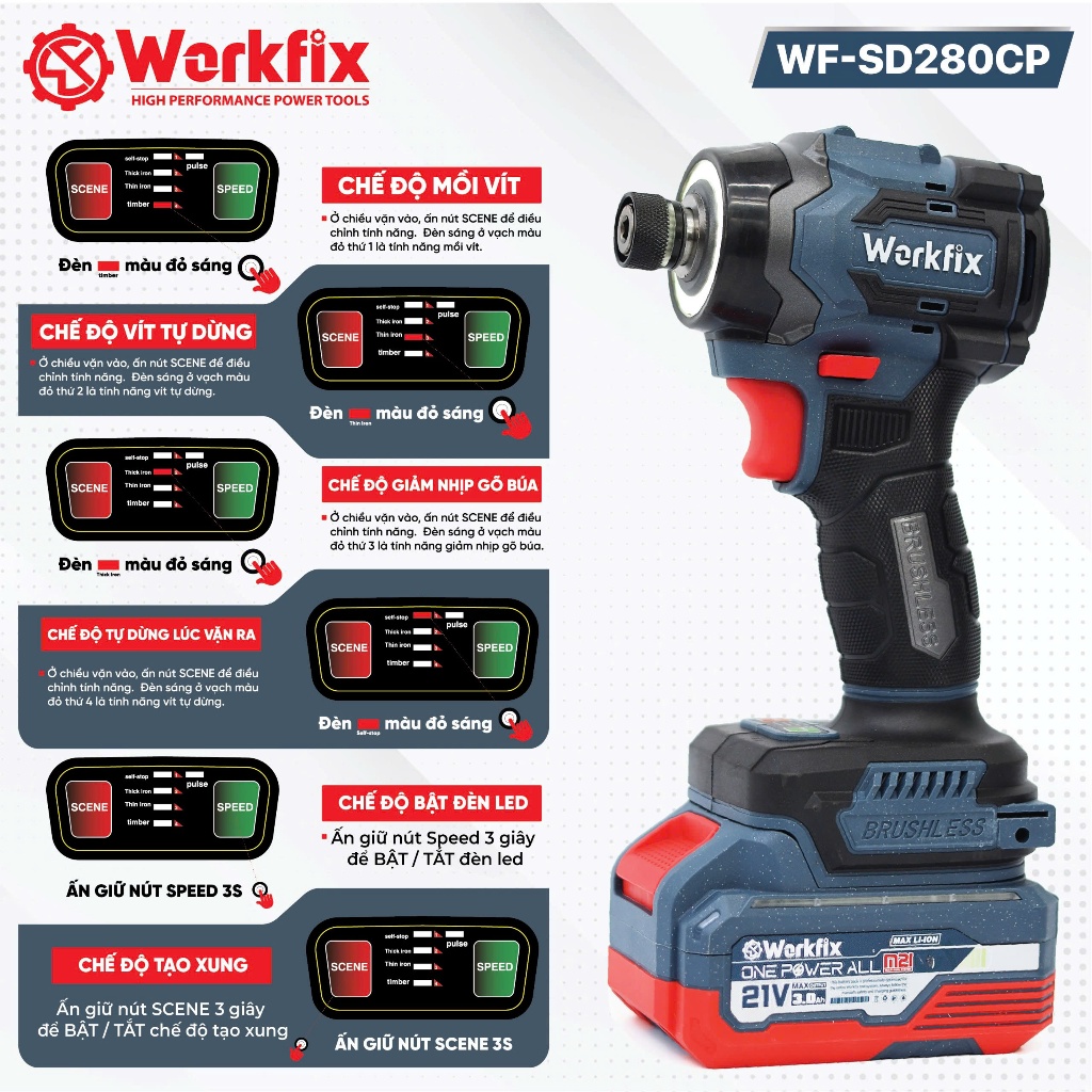 Máy chuyên vít pin Workfix WF-SD280CP - Máy bắt vít Không chổi than lực siết 280Nm 2 PIN Chân pin phổ thông