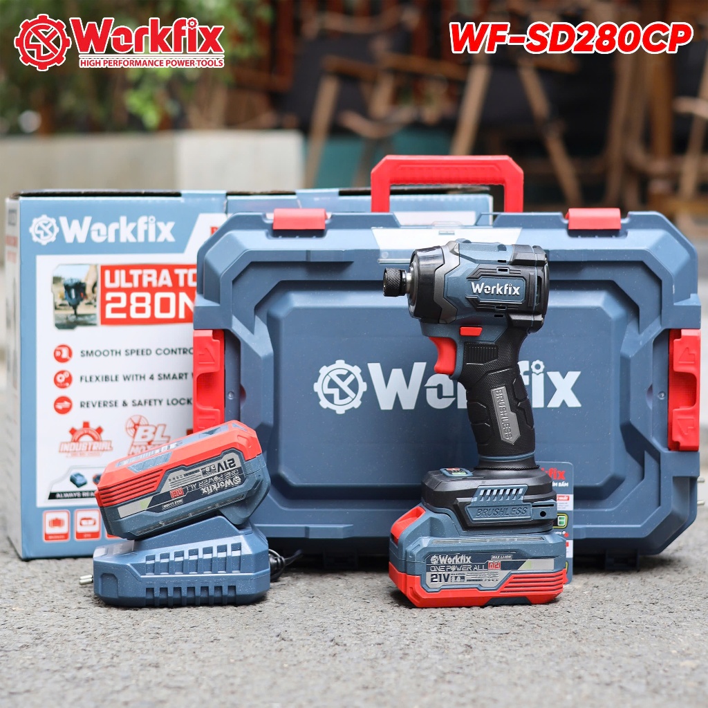 Máy chuyên vít pin Workfix WF-SD280CP - Máy bắt vít Không chổi than lực siết 280Nm 2 PIN Chân pin phổ thông