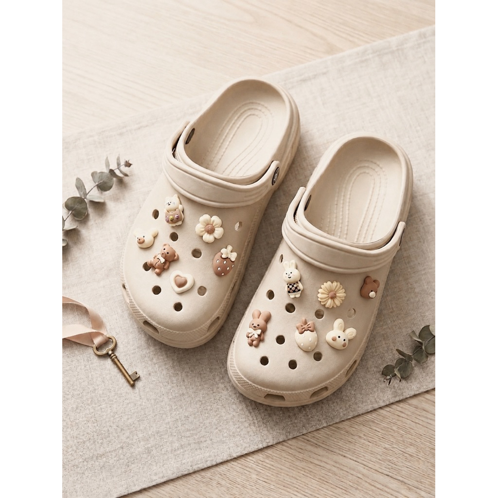Set 10 charm gắn dép crocs sẵn nút, charm dép, sticker dép crocs gấu nâu