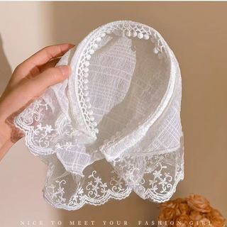 Khăn Turban Trùm Đầu Phối Ren Trắng Vintage - Khăn Bandana Nữ Đi Biển, Khăn Quàng Cổ Tam Giác, Phụ Kiện Du Lịch K308