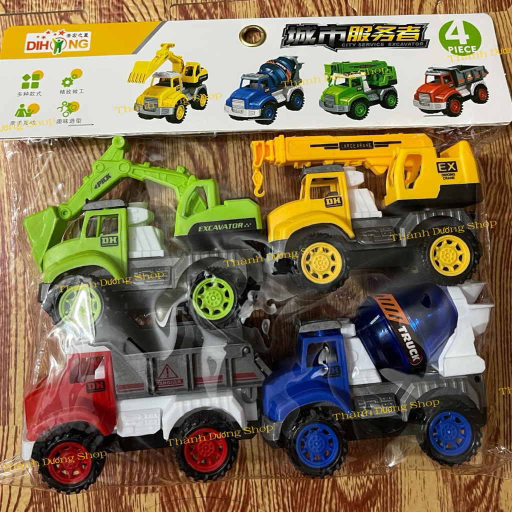 Set 4 Chiếc Xe Công Trình Đồ Chơi Cho Bé-Xe Xúc, Xe Ben, Xe Trộn Bê Tông, Xe Ủi Mini-Radom màu sắc