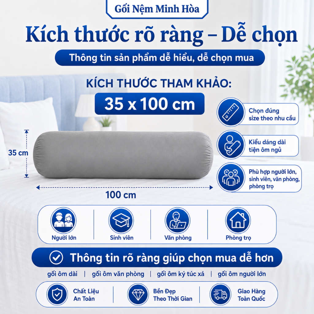 Gối Ôm Cao Su Non American Memory Foam – Gối Thoáng Khí, Thoải Mái Khi Dùng, Êm Mịn, Kháng Khuẩn Kích Thước 35cm x 100cm