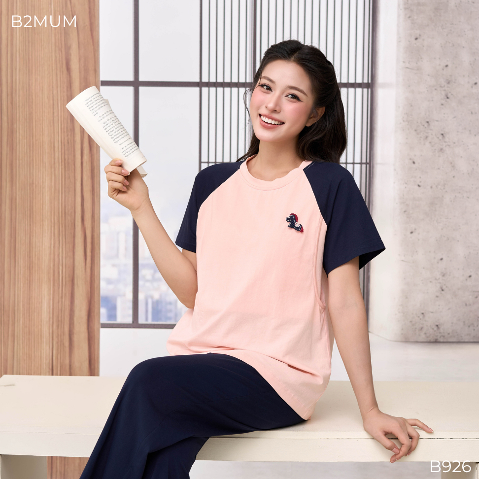 Bộ Bầu Cotton Than Phối Hồng Đính Ngựa, Đồ Bộ Mặc Nhà Cho Mẹ Bầu & Sau Sinh, Có Đệm Mút Ngực, Cove Set B926 By B2MUM