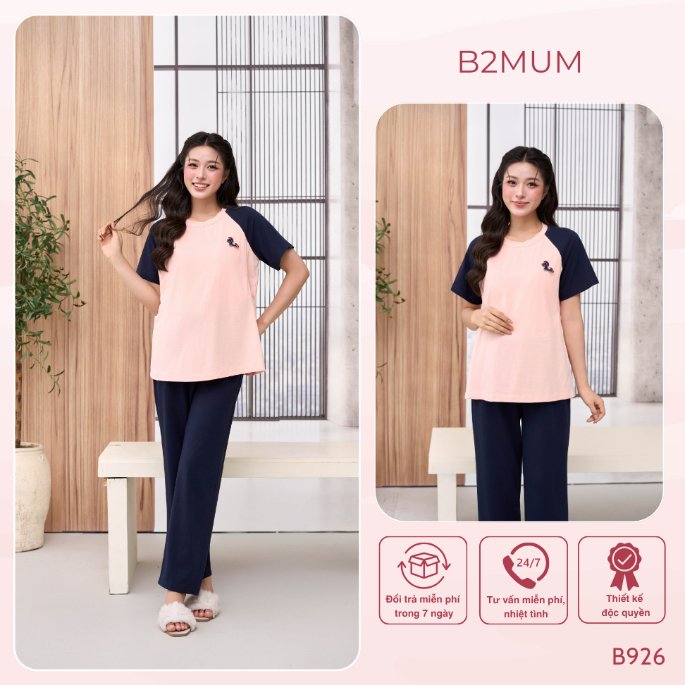 Bộ Bầu Cotton Than Phối Hồng Đính Ngựa, Đồ Bộ Mặc Nhà Cho Mẹ Bầu & Sau Sinh, Có Đệm Mút Ngực, Cove Set B926 By B2MUM