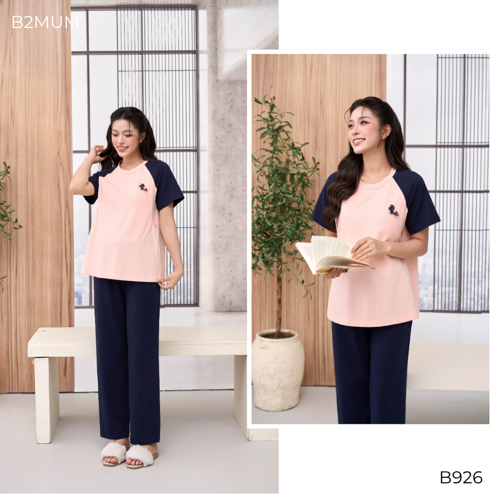 Bộ Bầu Cotton Than Phối Hồng Đính Ngựa, Đồ Bộ Mặc Nhà Cho Mẹ Bầu & Sau Sinh, Có Đệm Mút Ngực, Cove Set B926 By B2MUM