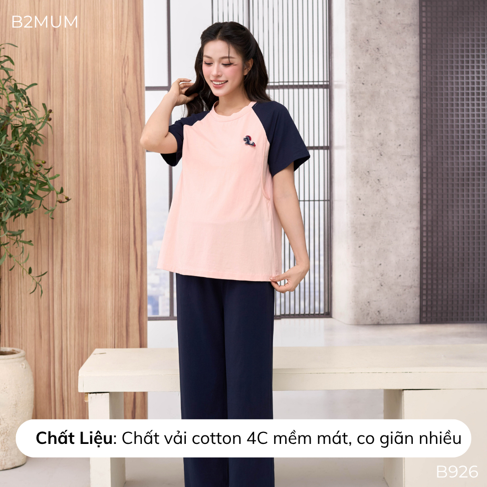 Bộ Bầu Cotton Than Phối Hồng Đính Ngựa, Đồ Bộ Mặc Nhà Cho Mẹ Bầu & Sau Sinh, Có Đệm Mút Ngực, Cove Set B926 By B2MUM