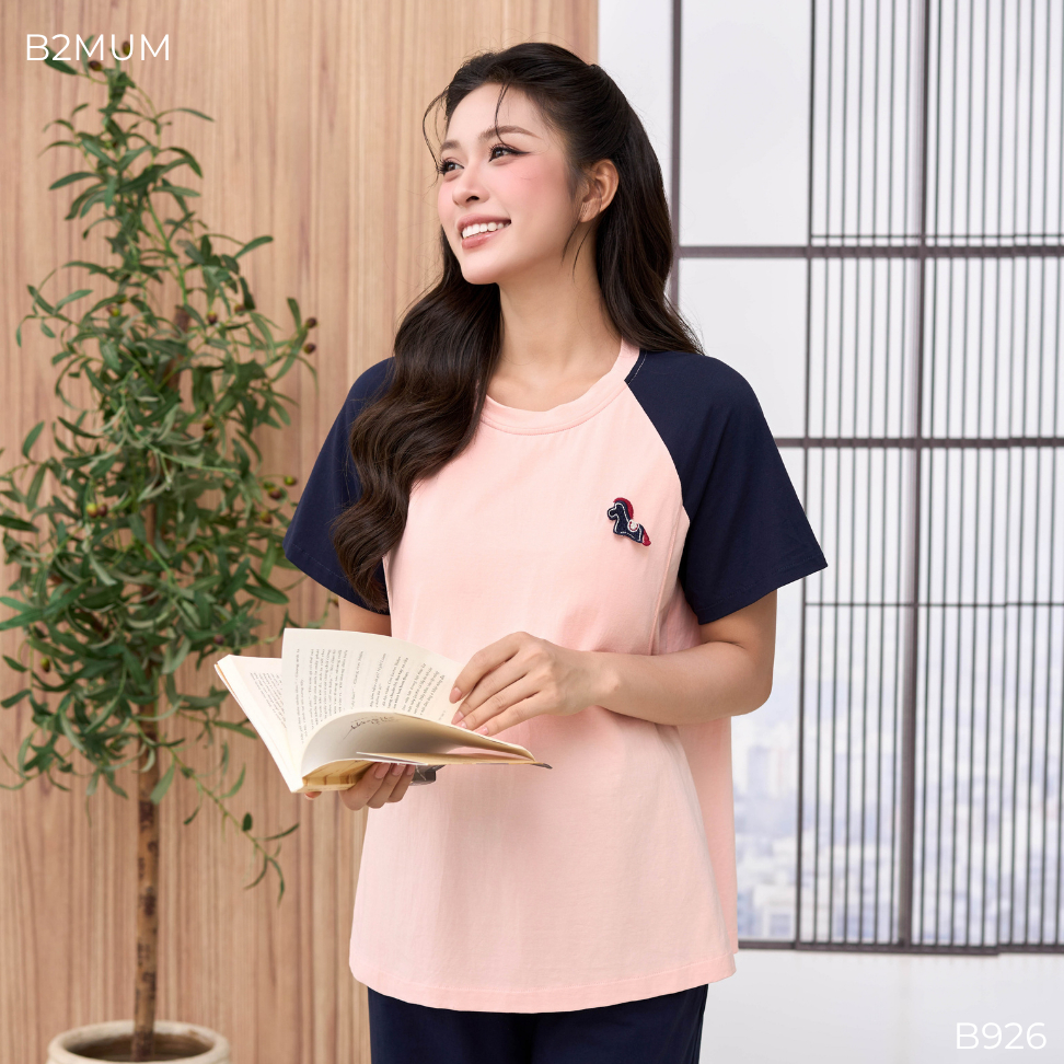 Bộ Bầu Cotton Than Phối Hồng Đính Ngựa, Đồ Bộ Mặc Nhà Cho Mẹ Bầu & Sau Sinh, Có Đệm Mút Ngực, Cove Set B926 By B2MUM