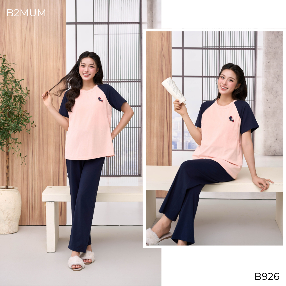 Bộ Bầu Cotton Than Phối Hồng Đính Ngựa, Đồ Bộ Mặc Nhà Cho Mẹ Bầu & Sau Sinh, Có Đệm Mút Ngực, Cove Set B926 By B2MUM