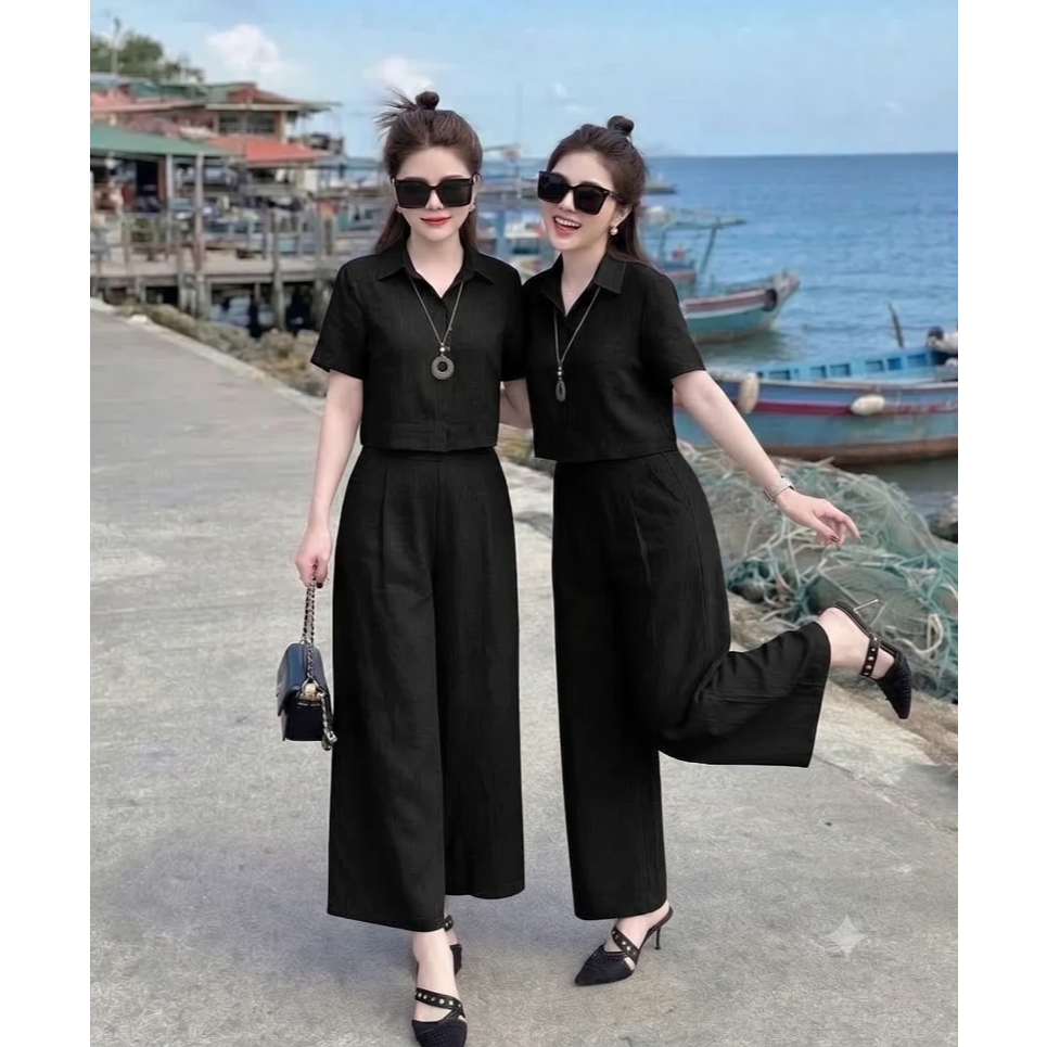 Set Bộ Đũi Nữ Cao Cấp AZ CLOTHING Áo Sơ Mi Cổ Đức Ngắn Tay Phối Quần Ống Rộng Suông Dài Phong Cách Vintage