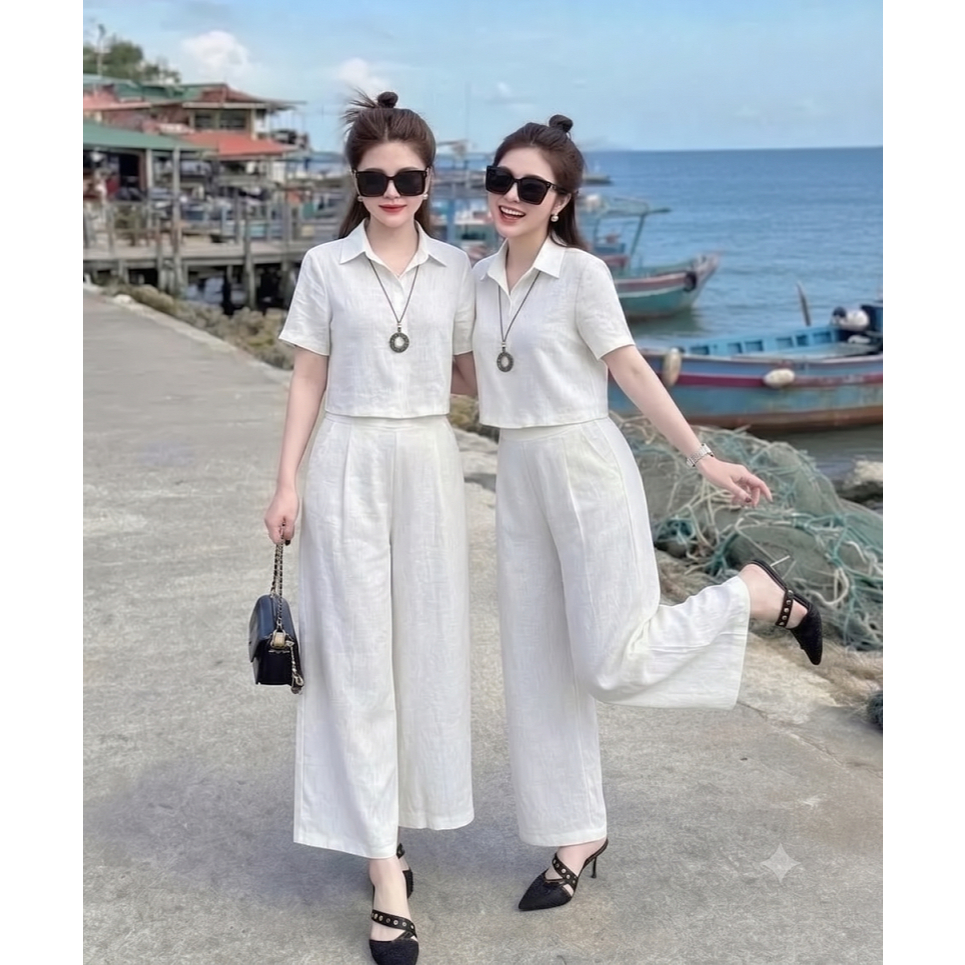 Set Bộ Đũi Nữ Cao Cấp AZ CLOTHING Áo Sơ Mi Cổ Đức Ngắn Tay Phối Quần Ống Rộng Suông Dài Phong Cách Vintage