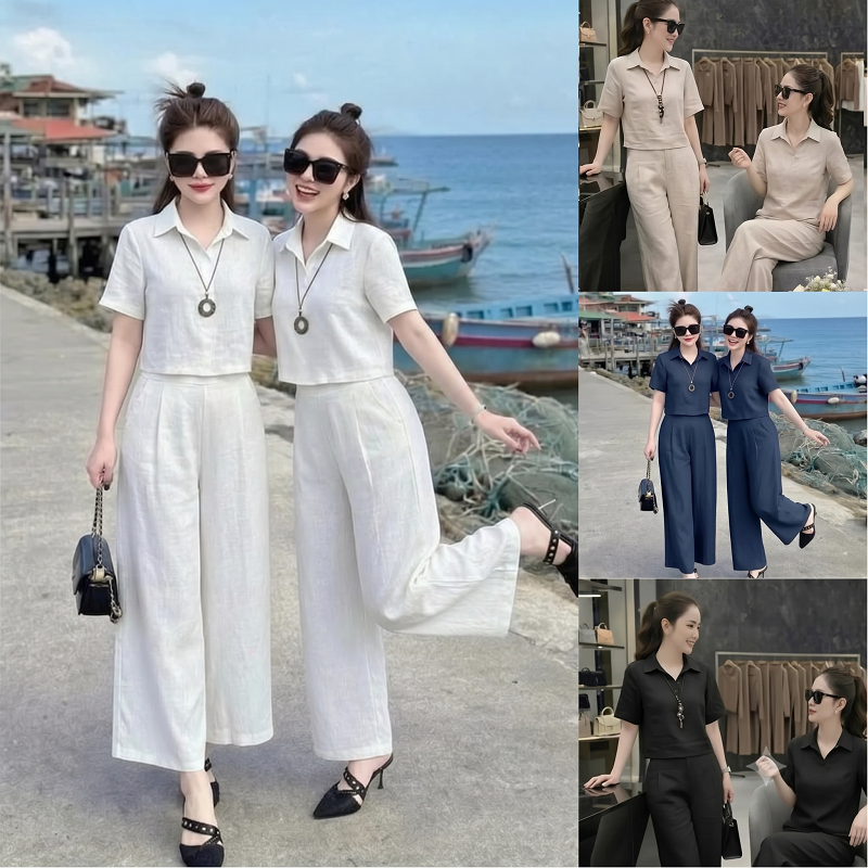 Set Bộ Đũi Nữ Cao Cấp AZ CLOTHING Áo Sơ Mi Cổ Đức Ngắn Tay Phối Quần Ống Rộng Suông Dài Phong Cách Vintage