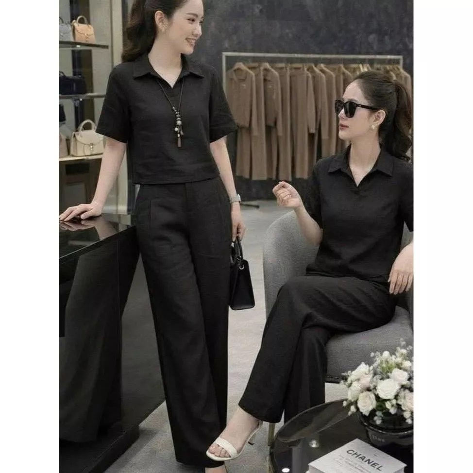 Set Bộ Đũi Nữ Cao Cấp AZ CLOTHING Áo Sơ Mi Cổ Đức Ngắn Tay Phối Quần Ống Rộng Suông Dài Phong Cách Vintage