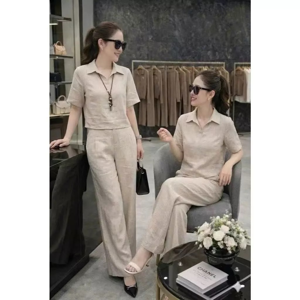 Set Bộ Đũi Nữ Cao Cấp AZ CLOTHING Áo Sơ Mi Cổ Đức Ngắn Tay Phối Quần Ống Rộng Suông Dài Phong Cách Vintage