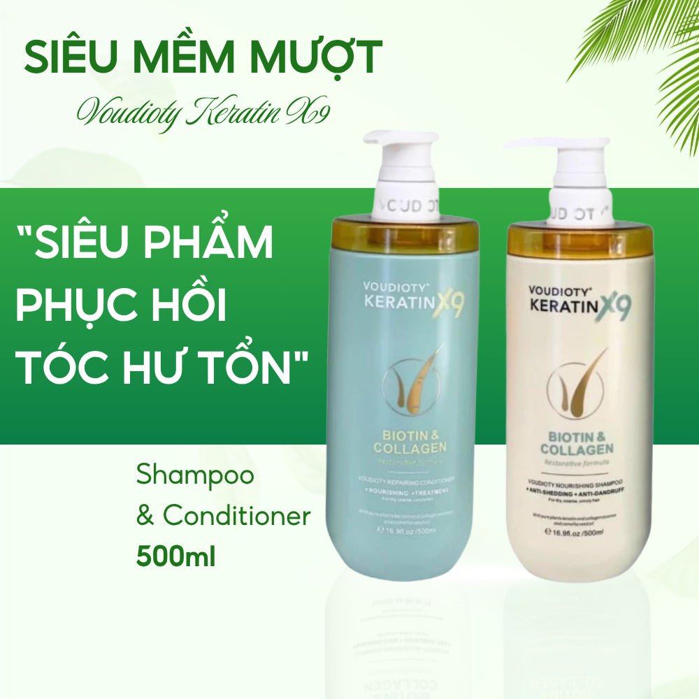 Dầu gội xả Voudioty Keratin X9 Biotin Collagen chai 500ml giúp phục hồi tóc hư tổn, giảm rụng tóc, dưỡng tóc mềm mượt
