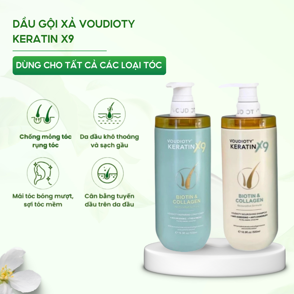Dầu gội xả Voudioty Keratin X9 Biotin Collagen chai 500ml giúp phục hồi tóc hư tổn, giảm rụng tóc, dưỡng tóc mềm mượt