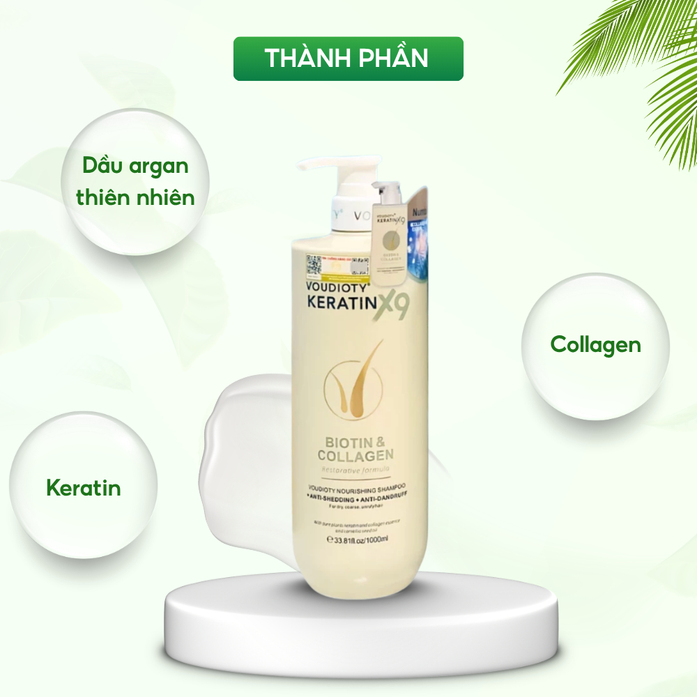 Dầu gội xả Voudioty Keratin X9 Biotin Collagen chai 500ml giúp phục hồi tóc hư tổn, giảm rụng tóc, dưỡng tóc mềm mượt
