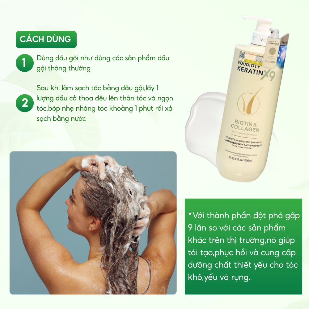 Dầu gội xả Voudioty Keratin X9 Biotin Collagen chai 500ml giúp phục hồi tóc hư tổn, giảm rụng tóc, dưỡng tóc mềm mượt