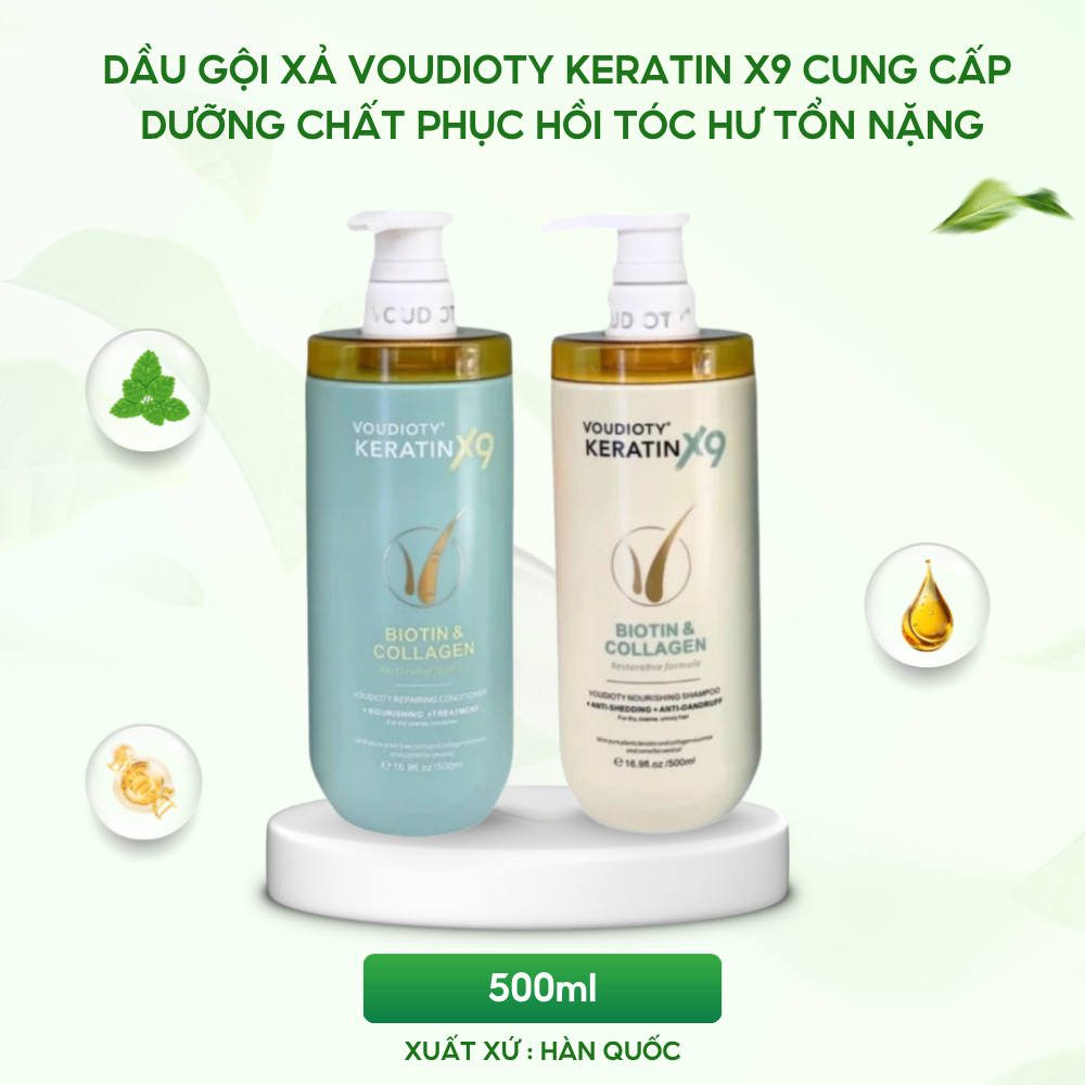 Dầu gội xả Voudioty Keratin X9 Biotin Collagen chai 500ml giúp phục hồi tóc hư tổn, giảm rụng tóc, dưỡng tóc mềm mượt