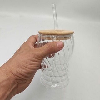Ly thủy tinh nắp gỗ kèm ống hút chịu nhiệt dung tích 400 ml cao cấp