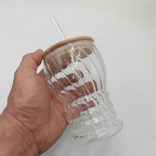 Ly thủy tinh nắp gỗ kèm ống hút chịu nhiệt dung tích 400 ml cao cấp