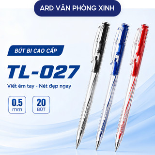 Hộp 20 bút bi Thiên Long 027 ngòi 0.5mm mực xanh đen đỏ viết êm trơn nét đẹp