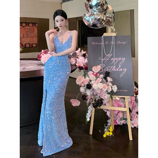Đầm dạ hội body kim sa xẻ tà sang trọng cổ yếm ôm dáng dự tiệc cưới prom tiệc tối nữ tính quyến rũ