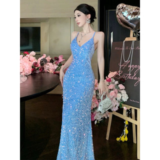 Đầm dạ hội body kim sa xẻ tà sang trọng cổ yếm ôm dáng dự tiệc cưới prom tiệc tối nữ tính quyến rũ