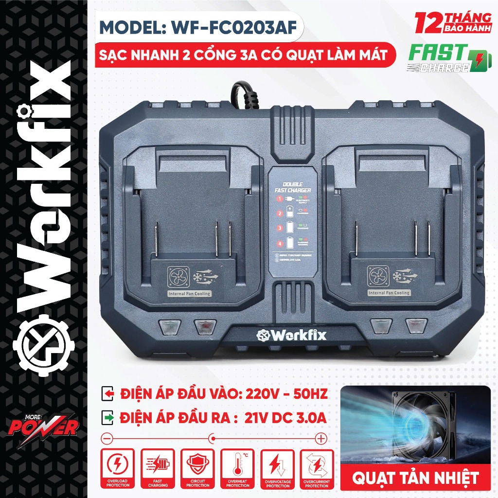 Sạc Nhanh Đôi Workfix WF-FC0203AF 21V 3A Có Quạt Làm Mát, Sạc Đồng Thời 2 Pin Lithium