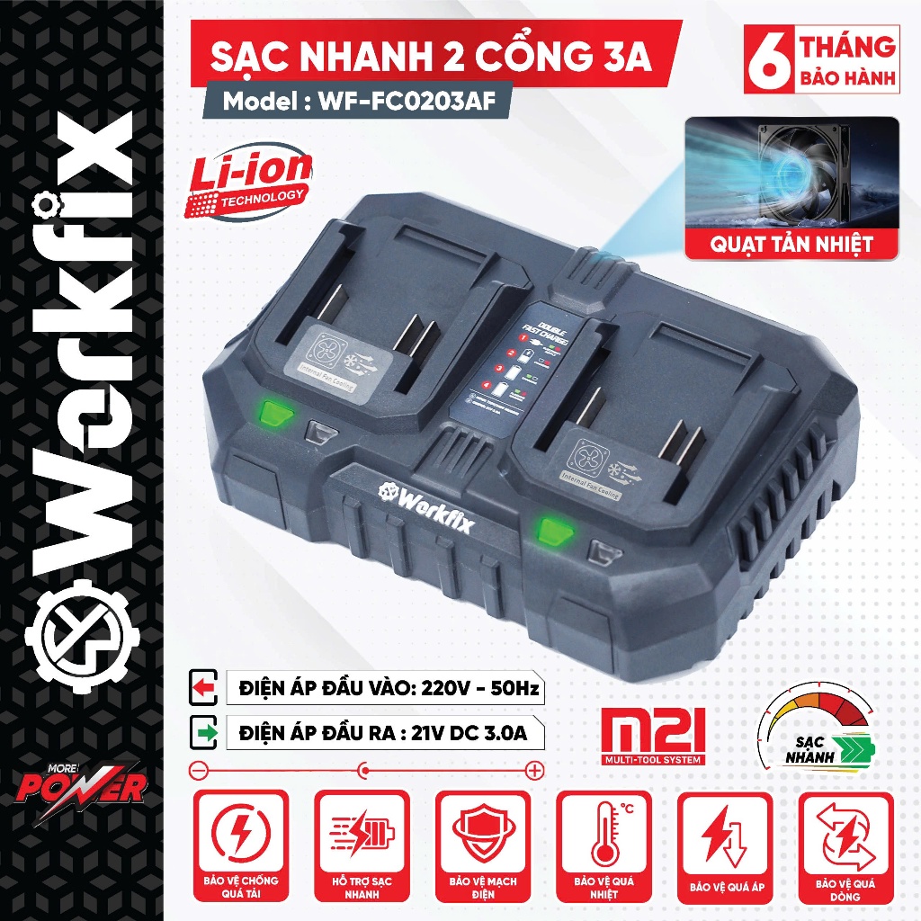 Sạc Nhanh Đôi Workfix WF-FC0203AF 21V 3A Có Quạt Làm Mát, Sạc Đồng Thời 2 Pin Lithium