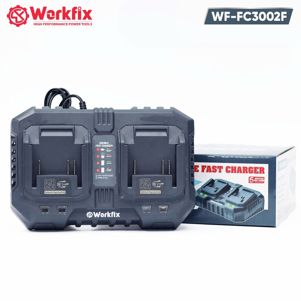 Sạc Nhanh Đôi Workfix WF-FC0203AF 21V 3A Có Quạt Làm Mát, Sạc Đồng Thời 2 Pin Lithium