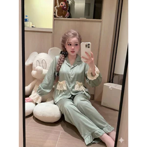 Bộ Đồ Ngủ Nữ Lụa Latin Tơ Tằm Dài Tay Phối Ren Cổ Điển Sang Trọng, Chất Mềm Mịn DD05