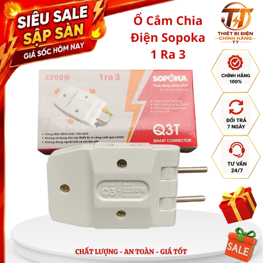 Ổ cắm chia điện, ổ cắm Sopoka 1 ra 3 cổng 2200W chịu tải cao chống cháy