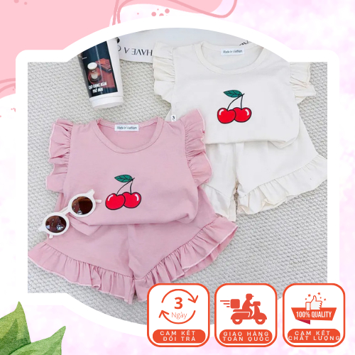 Bộ Sát Nách Phối Bèo Nhún Cherry Cho Bé Gái (Có Combo 2 Bộ)