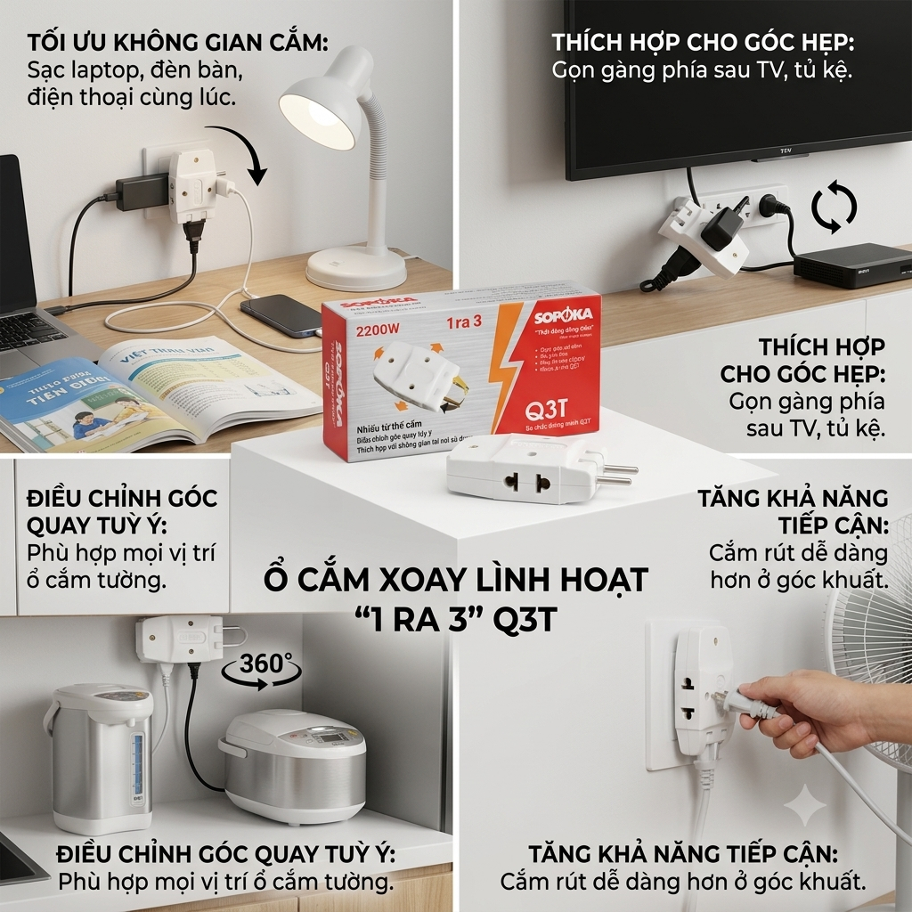 Ổ cắm chia điện, ổ cắm Sopoka 1 ra 3 cổng 2200W chịu tải cao chống cháy
