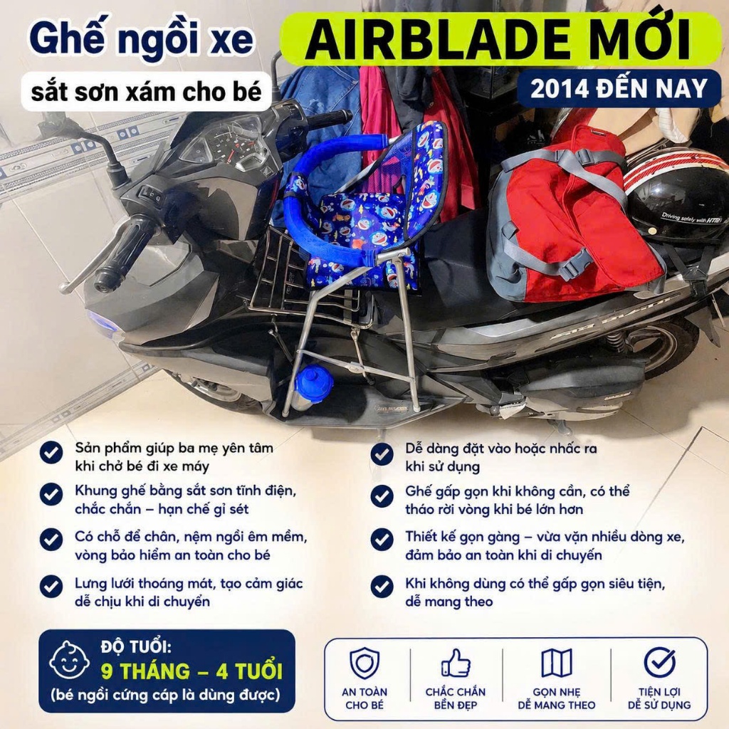 GHẾ ĐI XE MÁY TAY GA AIRBLADE MỚI 2014-2024 AN TOÀN CHO BÉ