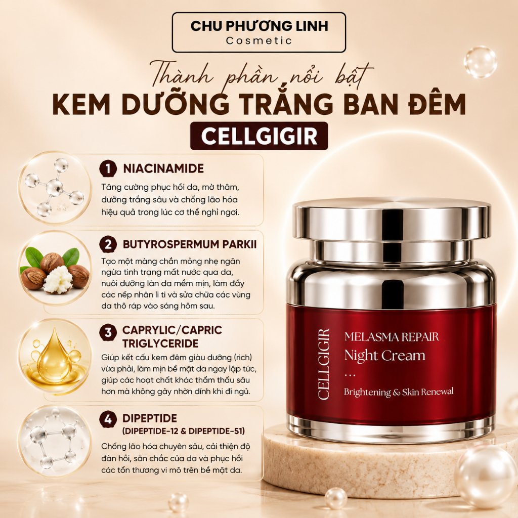 Kem dưỡng ban đêm CELLGIGIR 50gam - Kem Nâng Tone, Dưỡng Trắng, Cấp Ẩm, Mịn Da MP1558