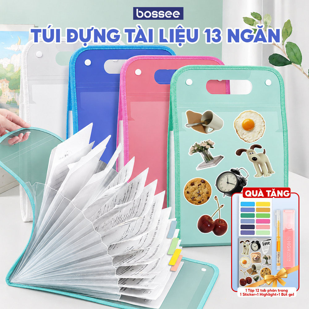 [ TẶNG 2 QUÀ] Cặp Đựng Tài Liệu 13 Ngăn Bossee Tiện Lợi  A4 - Túi Nhựa Đựng Hồ Sơ  Bài Kiểm Tra Nhiều Ngăn Bền Đẹp