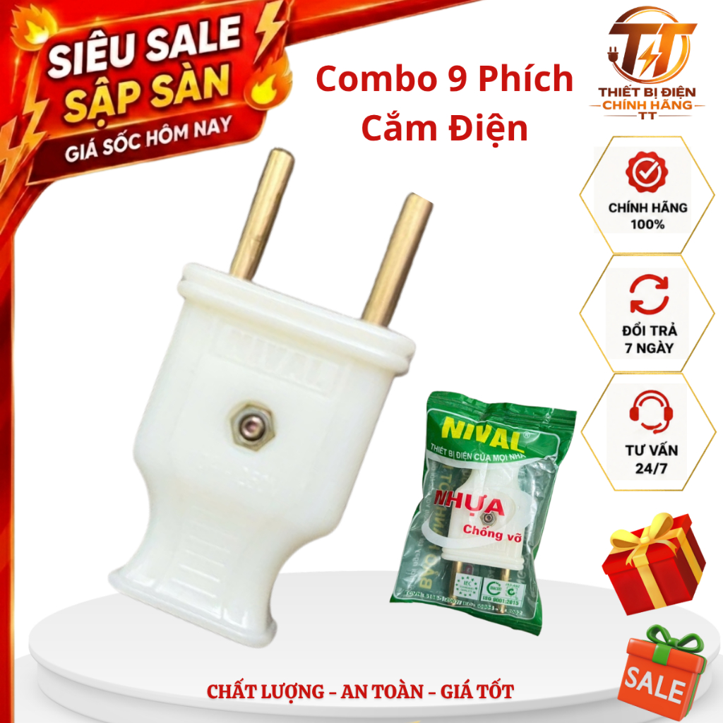Phích cắm điện, đầu cắm điện 2 chấu 10A 250V combo 9 cái chịu nhiệt dễ lắp