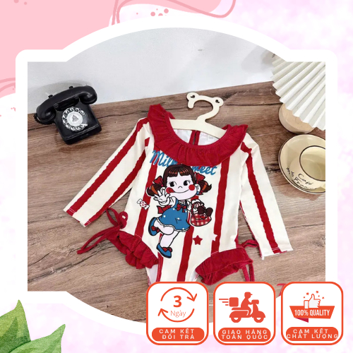 Bộ Bơi Liền Quần Phối Bèo Cổ Cho Bé Gái Dễ Thương