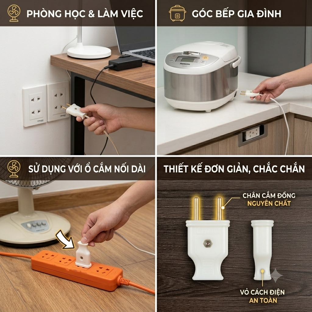 Phích cắm điện, đầu cắm điện 2 chấu 10A 250V combo 9 cái chịu nhiệt dễ lắp