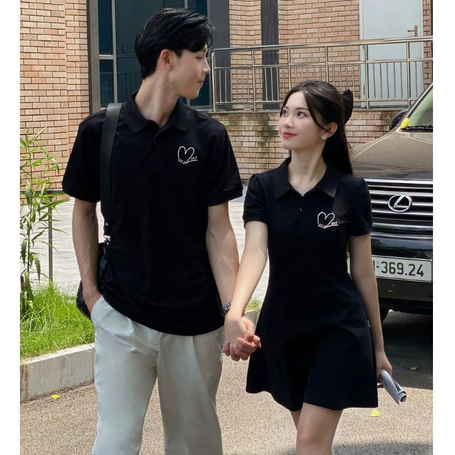 Set đồ đôi áo polo nam & váy có cổ nữ thêu moni theo yêu cầu làm quà tặng kỷ niệm, sinh nhật vải cotton cao cấp