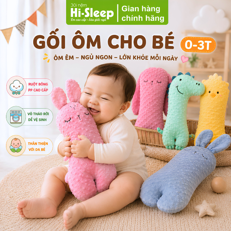 Gối Ôm Cho Bé Sơ Sinh Hi-Sleep, Gối Ôm Ngủ Cho Bé Mềm Mịn Êm Ái Hình Thú Dễ Thương An Toàn 0-12 Tháng