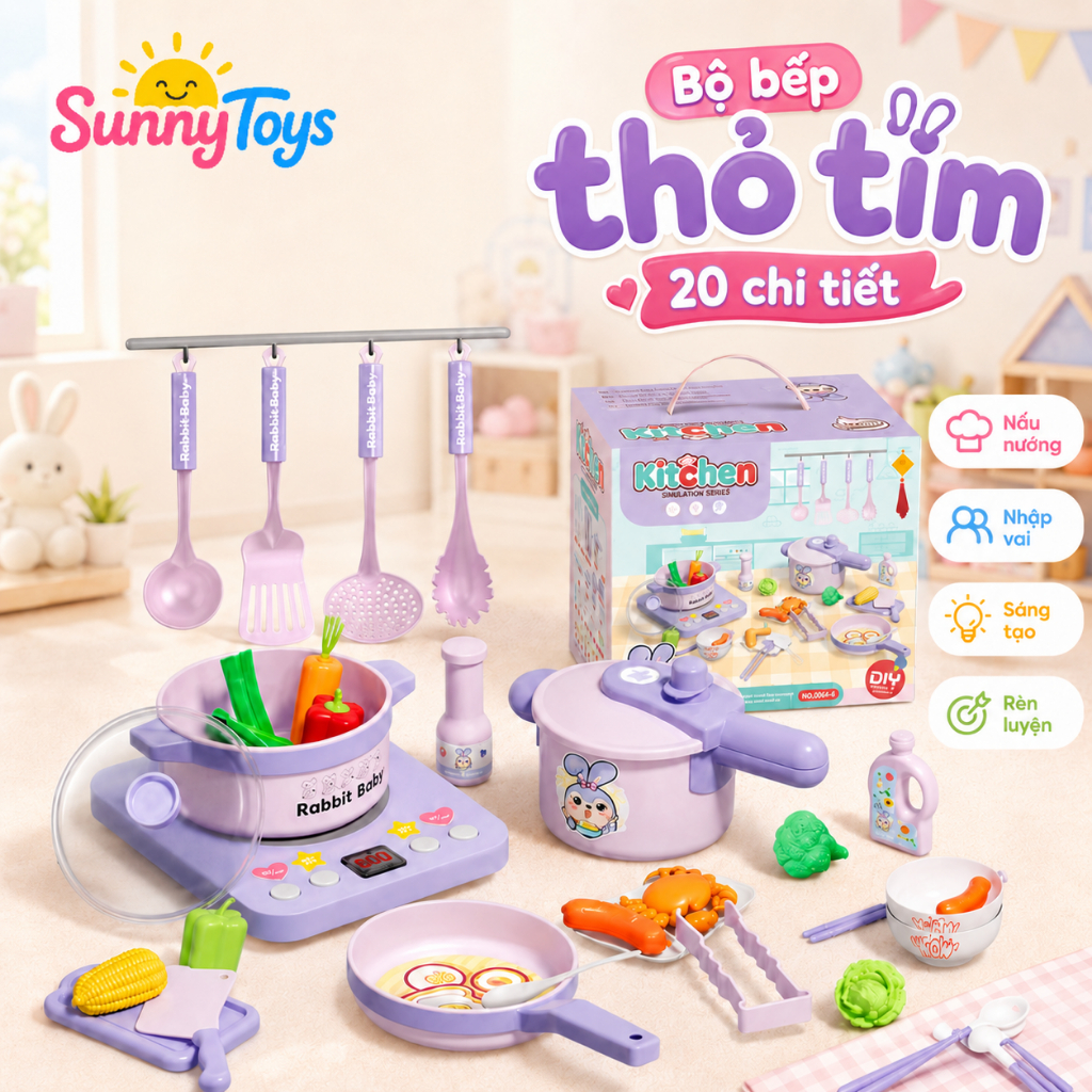 Bộ Bếp Mini Khủng Long Và Thỏ Tím SunnyToys - Có Đèn Nhạc Cho Bé Chơi Đồ Hàng