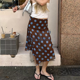 VM-Chân váy lưới dáng dài bất đối xứng họa tiết chấm bi xanh Ocean Skirt đi biển đi chơi mùa hè