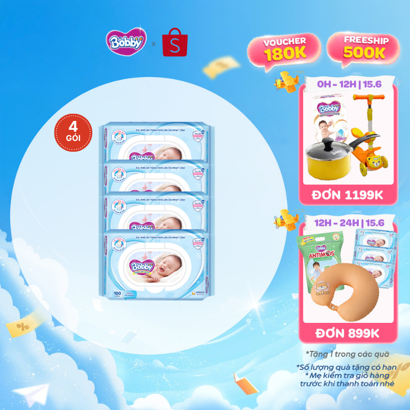 Bộ 4 gói Khăn ướt Bobby không mùi 100 tờ/gói (Xanh)