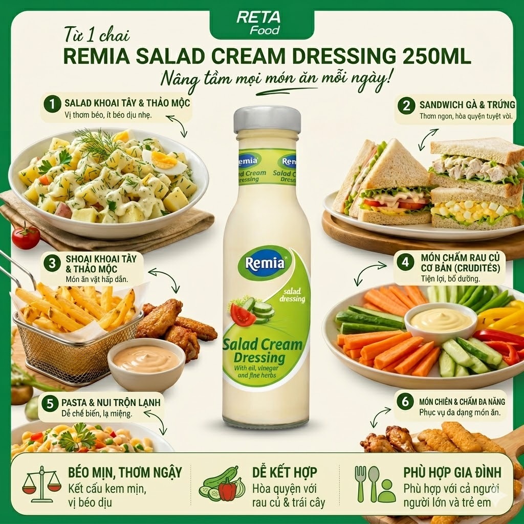 Sốt Trộn Salad Cream Remia 250ml - Xốt Trộn Salad Chua Nhẹ Béo Mịn - Phù hợp cho cả gia đình -Sốt Nhập Khẩu Hà Lan