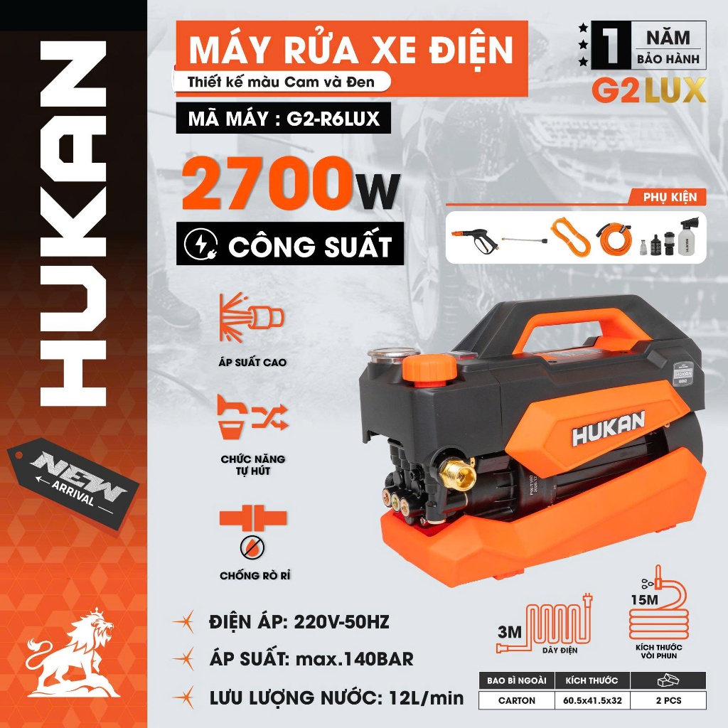 Máy Rửa Xe Điện Hukan (GEN2) G2-R6LUX | Có Chỉnh Áp- Lõi Đồng | Công Suất 2700W | Mạnh Mẽ, Xịt Rửa Sân, Xe, Kho Xưởng,..