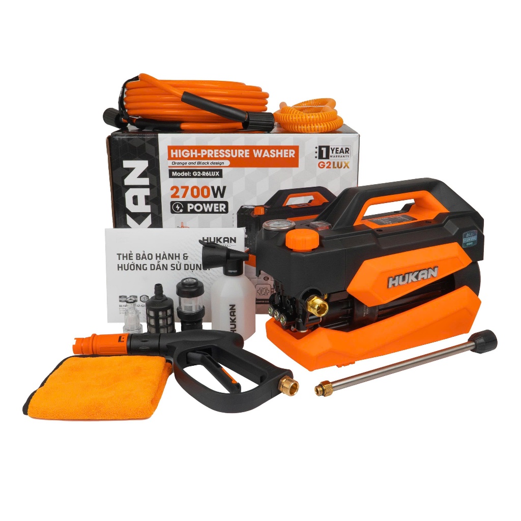 Máy Rửa Xe Điện Hukan (GEN2) G2-R6LUX | Có Chỉnh Áp- Lõi Đồng | Công Suất 2700W | Mạnh Mẽ, Xịt Rửa Sân, Xe, Kho Xưởng,..