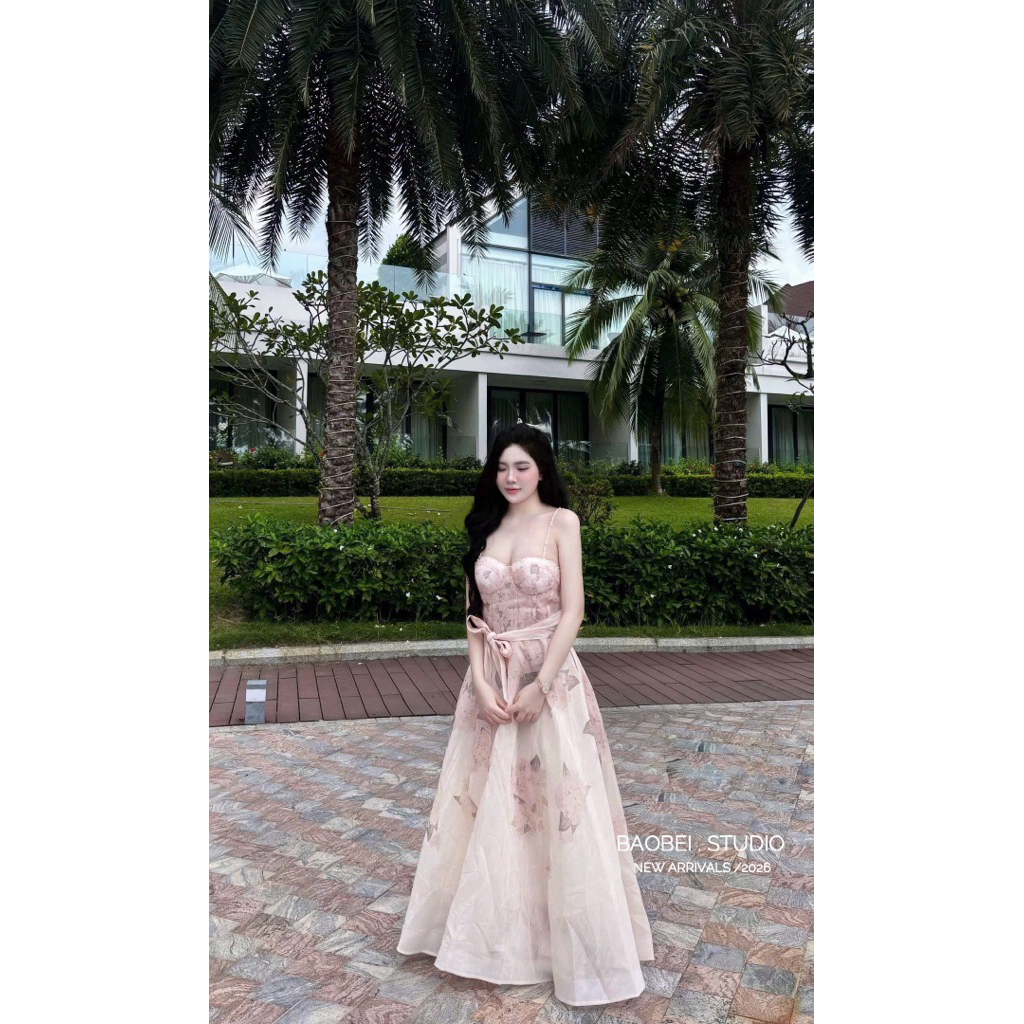 Đầm ZMM 2 dây cúp ngực hoa tơ kèm khăn thắt eo